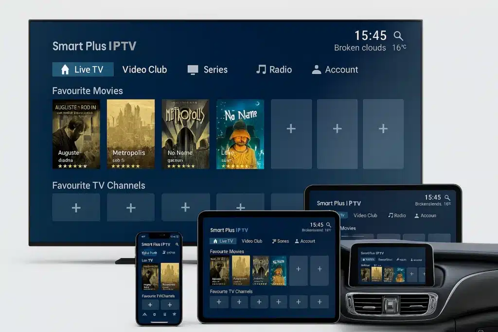 Compatibilité multi-appareils du Smart Plus IPTV 12 Mois sur TV, Android, tablette et écran voiture.