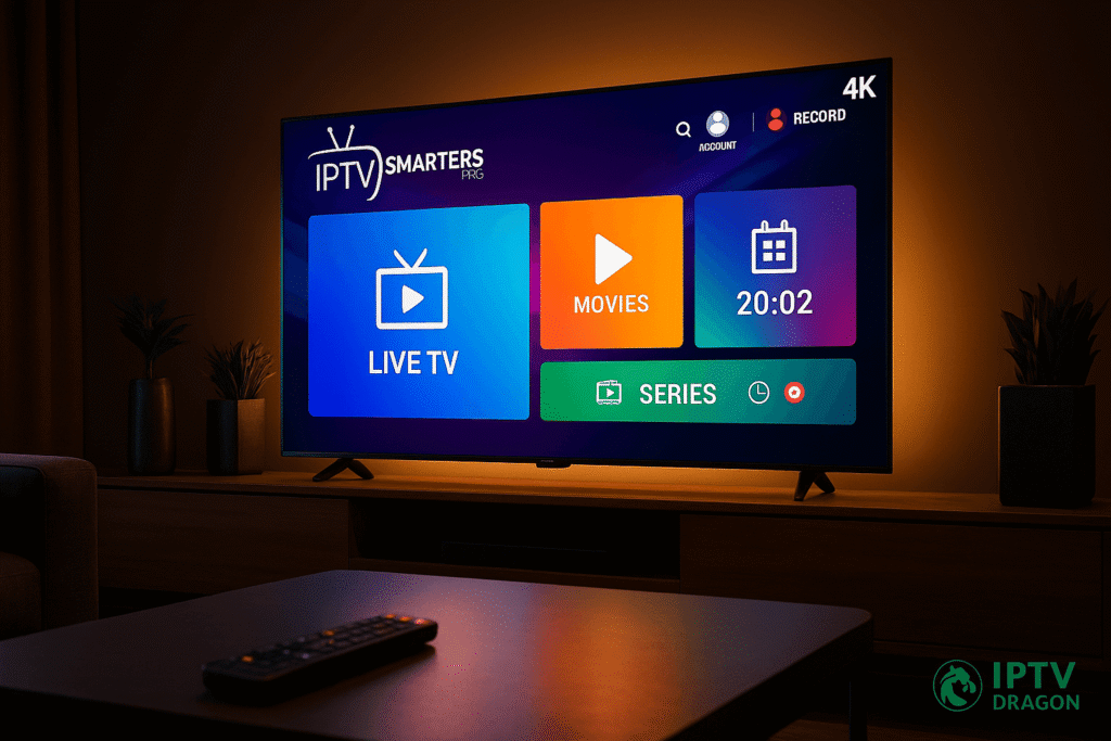 Interface IPTV Smarters Pro sur TV 4K illustrant le Smarters Pro abonnement 12 mois avec IPTV DRAGON.
