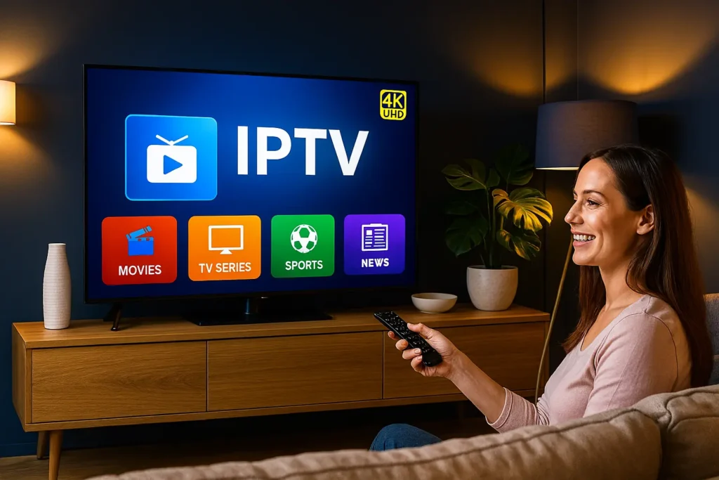 Femme regardant la TV après avoir appris comment changer le code IPTV sur son application.
