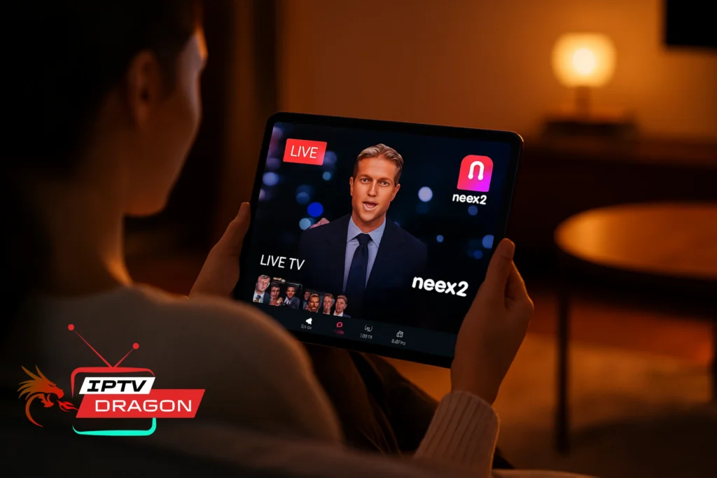 Femme utilisant Neox2 APK sur tablette Android pour regarder la TV en streaming.