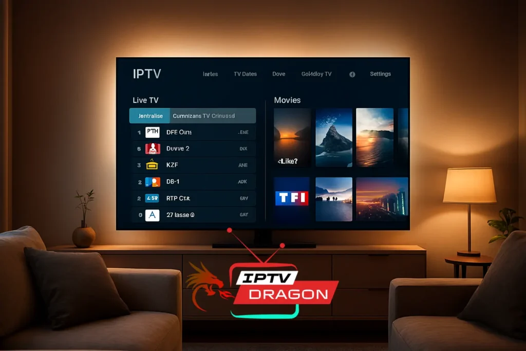 Salon moderne avec Smart TV affichant un service abonnements iptv 12 mois smart tv en qualité premium.