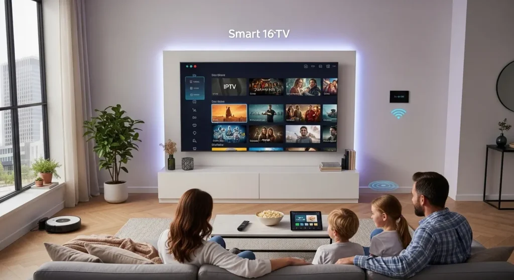 Abonnement IPTV 12 mois Smart TV affiché sur Smart TV moderne, interface IPTV 4K, meilleur IPTV 2025, IPTV France 4K