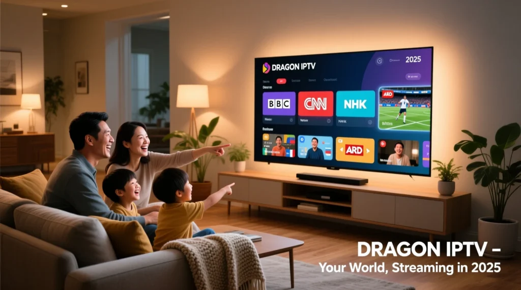 IPTV AZ 2025 streaming on large TV with DRAGON IPTV, showing multiple international channels in HD