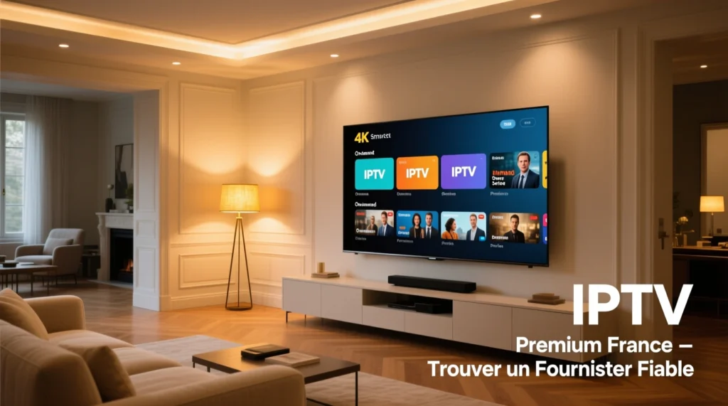Salon moderne avec Smart TV montrant des chaînes 4K, représentant IPTV premium France et le meilleur fournisseur IPTV en 2025.