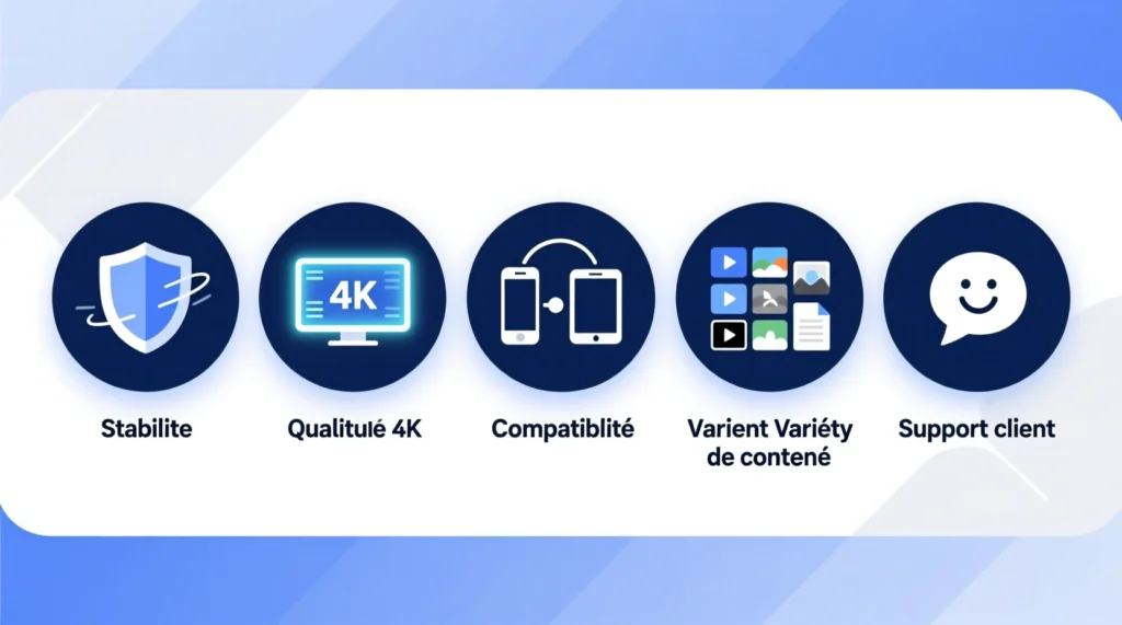 Infographie illustrant les 5 critères essentiels pour choisir le meilleur fournisseur IPTV en France.