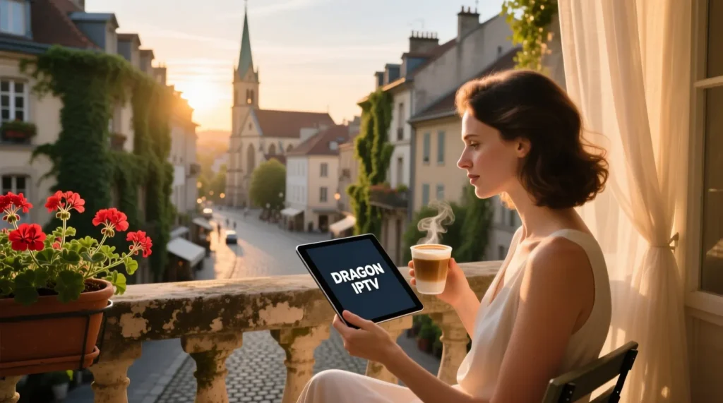 Femme profitant de son abonnement IPTV France sur tablette, illustrant la liberté offerte par IPTV premium France.