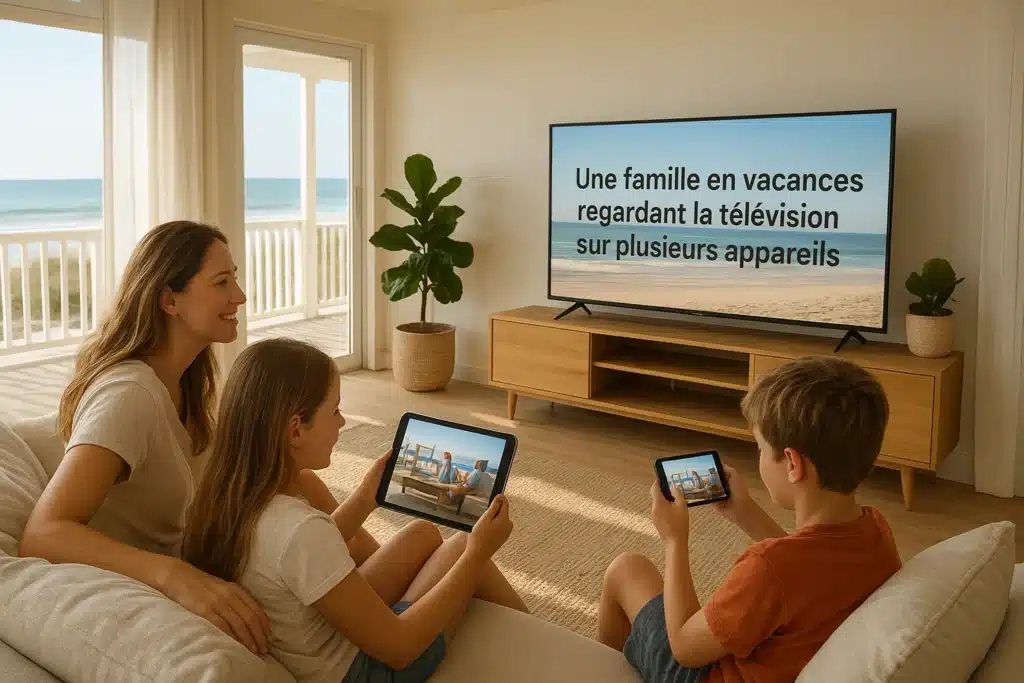 Famille profitant d’un abonnement IPTV multi-écrans pendant les vacances.
