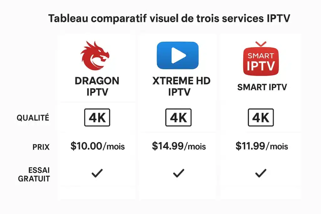 Comparaison visuelle des trois meilleurs abonnements IPTV 2025.
