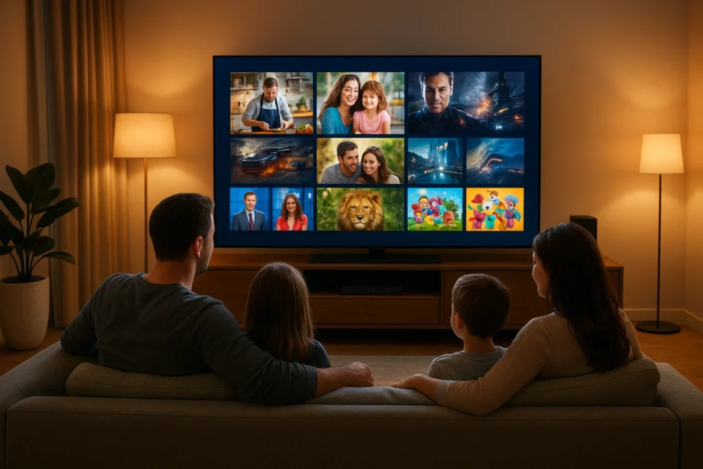 Programme TV IPTV Aujourd'hui interface affichée sur grand écran 4K dans salon moderne