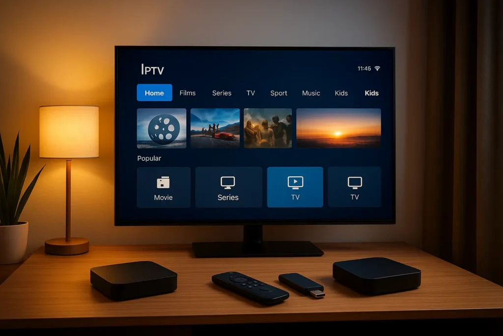 Salon moderne avec smart TV et plusieurs Appareils de Streaming IPTV affichant un contenu 4K.