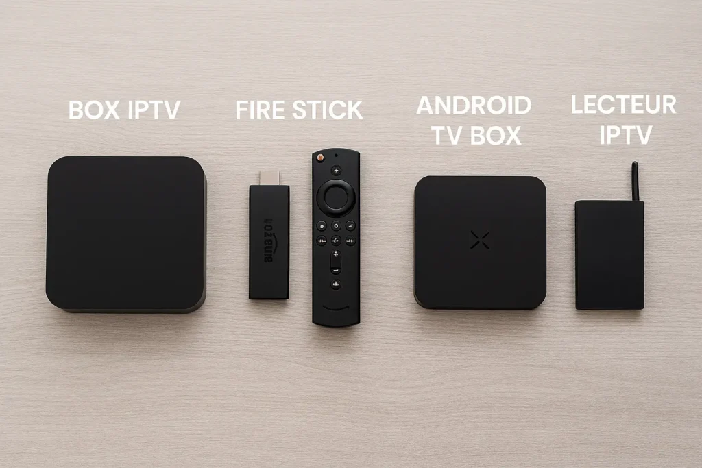 Comparaison visuelle entre box IPTV, Fire Stick, Android TV et lecteur IPTV.

