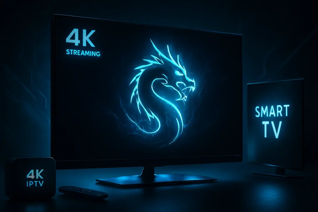 DRAGON IPTV sur écran 4K, symbole d’un service IPTV mondial puissant et stable.