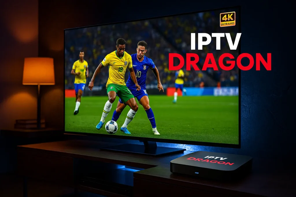 Meilleurs appareils IPTV sport : installation moderne avec IPTV DRAGON diffusant un match en direct en 4K.