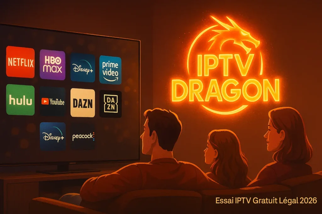 Famille regardant la télévision avec DRAGON IPTV pendant un essai IPTV gratuit légal en 2026.