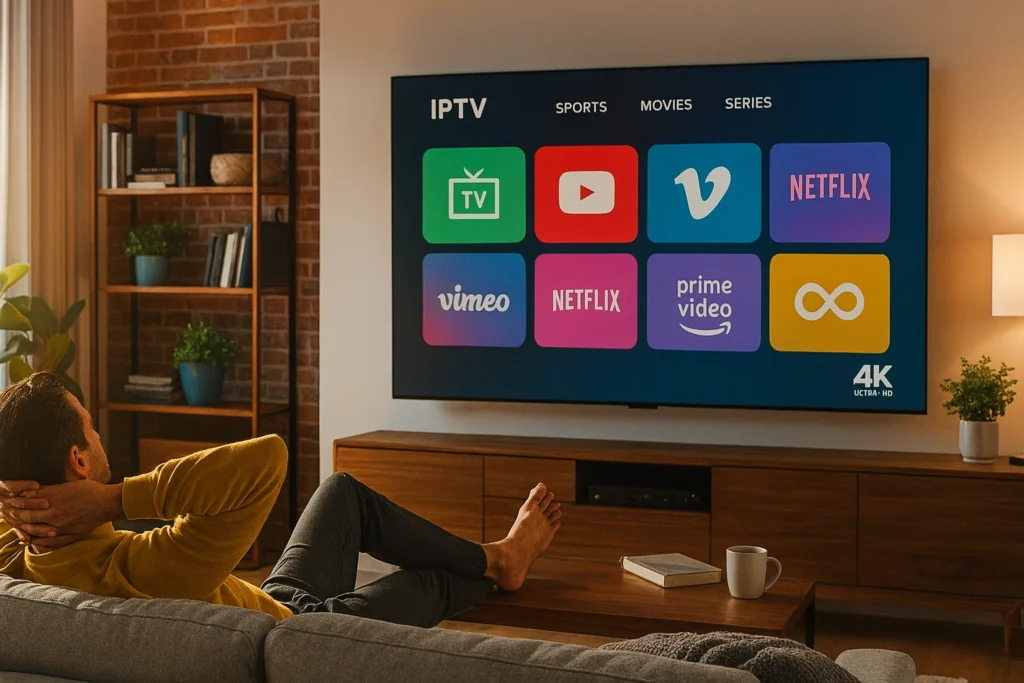 Personne regardant la TV via un service de fournisseurs IPTV gratuits en 2025 avec une interface moderne et fluide