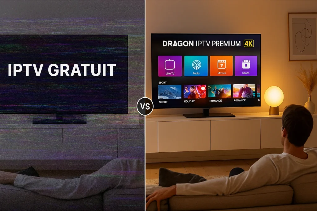 Comparaison visuelle entre un fournisseur IPTV gratuit instable et DRAGON IPTV premium en 4K stable.