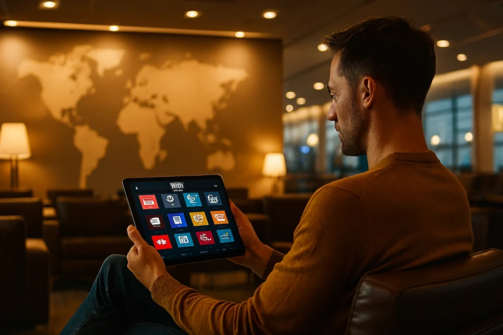 Voyageur utilisant le Meilleur IPTV sur tablette en déplacement
