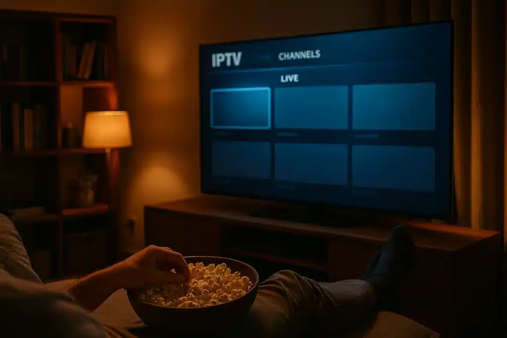 Salon moderne avec interface premium évoquant un service VIP IPTV stable et fluide.