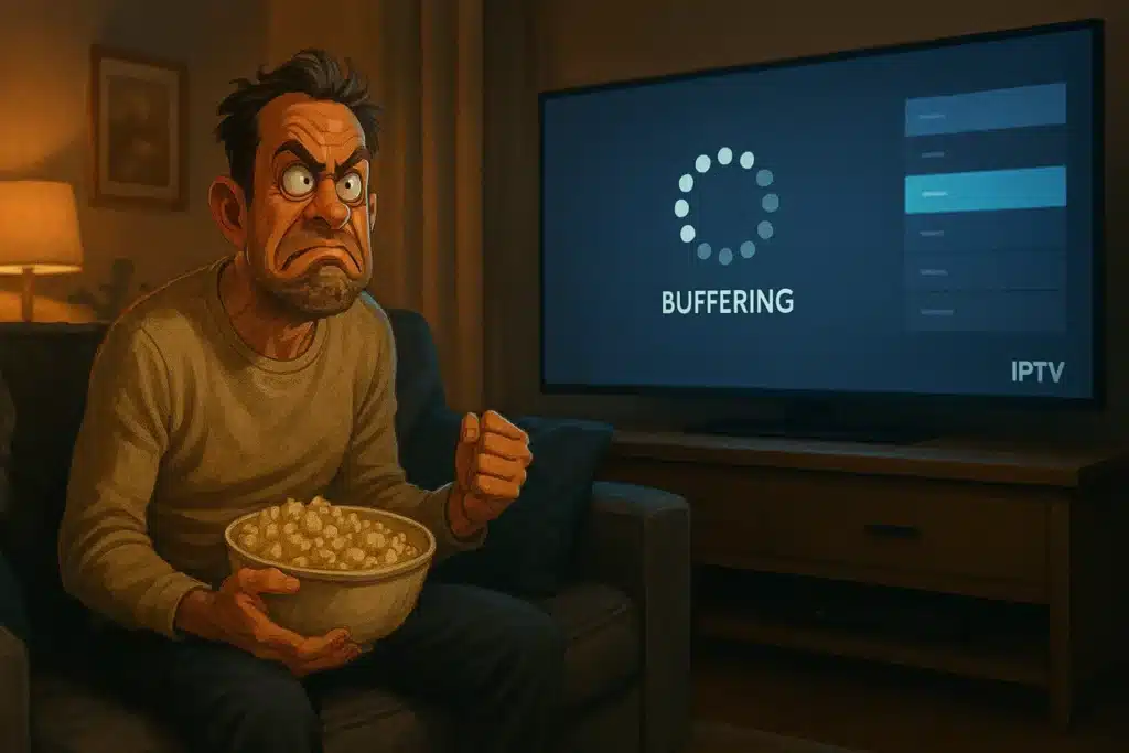 Personne frustrée face à un streaming instable avant de passer à un abonnement IPTV fiable.