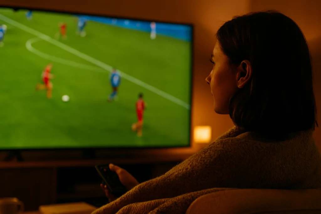 Femme profitant d’un match en 8K, montrant l’impact positif du meilleur abonnement IPTV sur ses soirées.