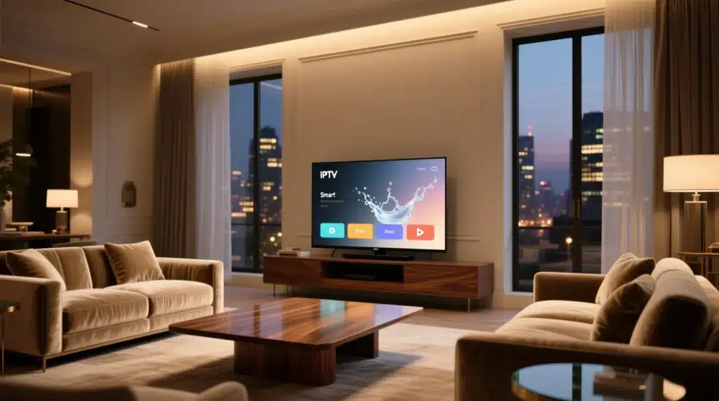 Liste IPTV France Gratuit illustrée sur une Smart TV moderne dans un salon, solution IPTV populaire en France