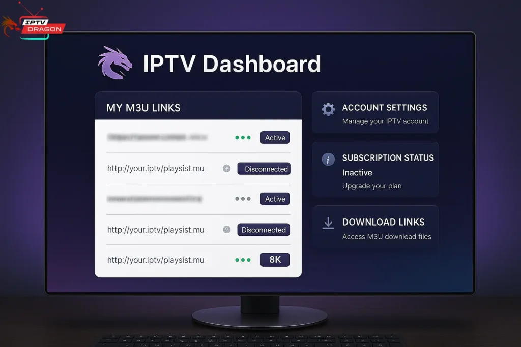 Dashboard DRAGON IPTV affichant xtream iptv m3u link et options de configuration avancées