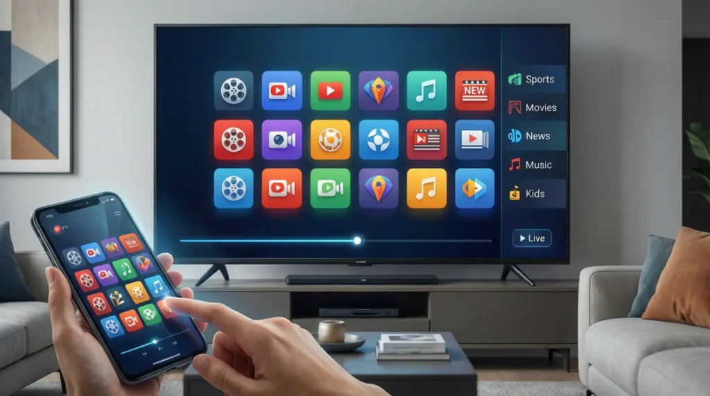 Utilisateur découvrant l’IPTV Android gratuit avec un Code IPTV Gratuit pour Android sur TV et smartphone.