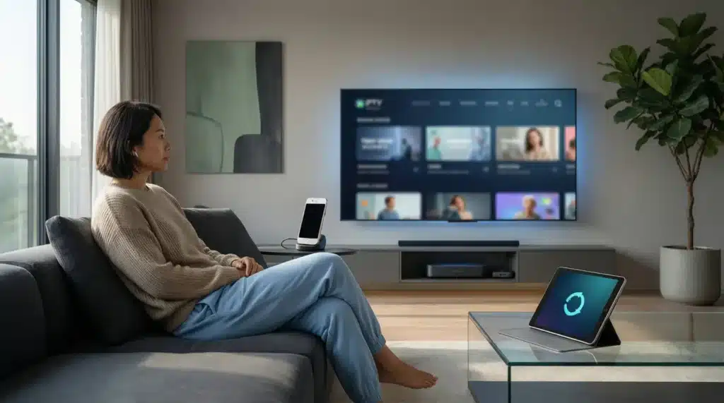 Liste M3U Gratuite 2026 illustrée avec IPTV sur Smart TV, box Android et Fire Stick, solution IPTV moderne et accessible