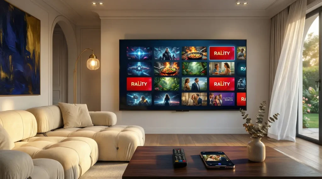 Interface Pluto TV France sur smart TV dans salon moderne avec streaming gratuit et légal en 2026