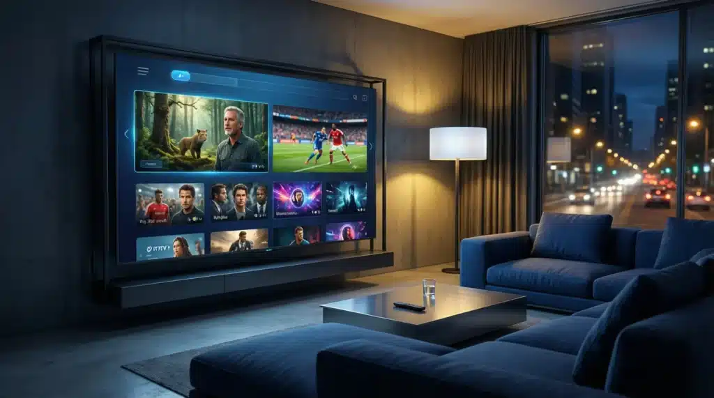 Code Pour Avoir IPTV Gratuit affiché sur une Smart TV avec interface IPTV moderne et chaînes internationales en streaming HD