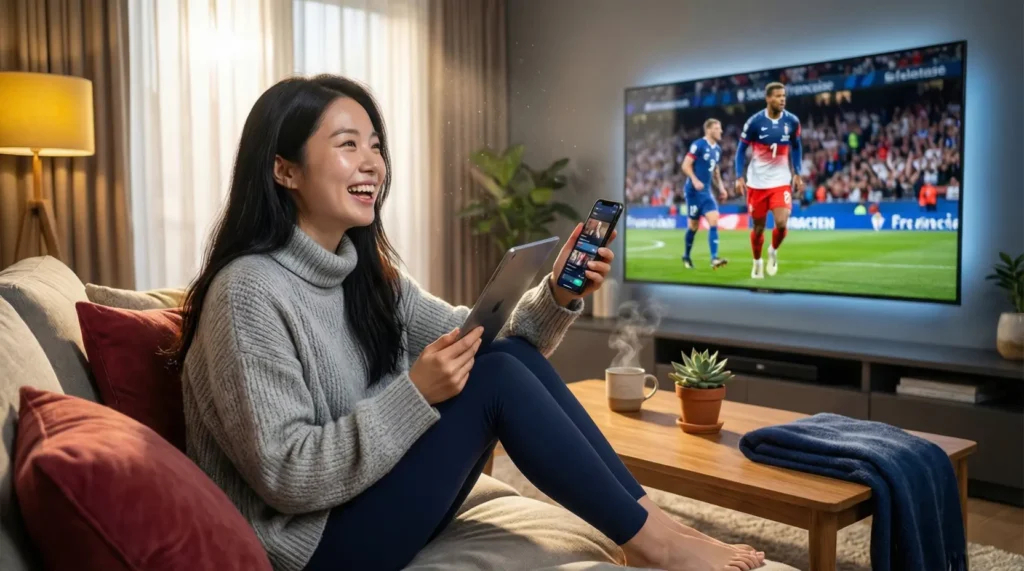 Personne profitant d’un abonnement iptv français sur TV, tablette et smartphone avec une expérience multi-écrans fluide et conviviale.