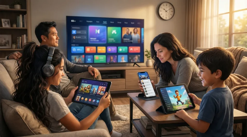 Famille utilisant un abonnement iptv plus sur plusieurs écrans en simultané, démontrant les fonctionnalités multi-écrans.