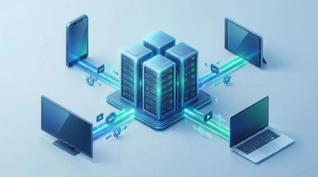 Schéma fonctionnement système Xtream Codes IPTV avec serveur Xtream IPTV central multi-appareils