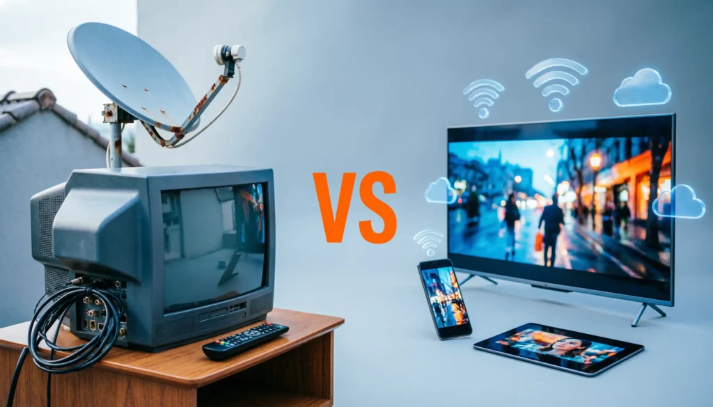 IPTV vs TV traditionnelle comparaison visuelle montrant différences entre télévision classique et streaming moderne