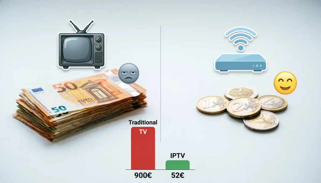Comparaison IPTV TV prix montrant économies abonnement streaming versus télévision traditionnelle