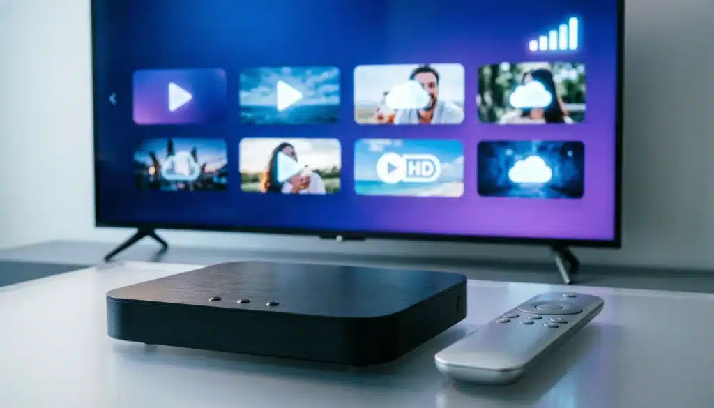 Installer Xtream IPTV sur Android Box avec télécommande et interface IPTV affichée sur écran 4K