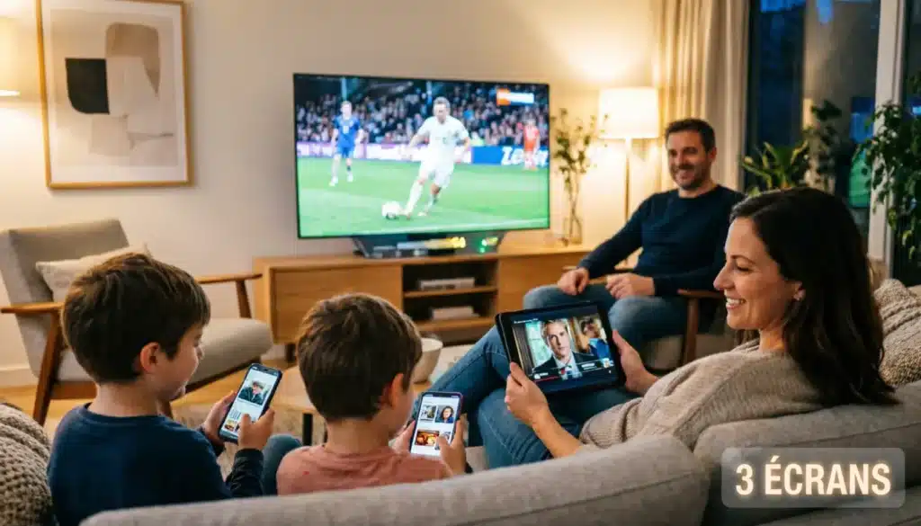 Multi-écrans IPTV Belgique - Famille regardant simultanément sur plusieurs appareils avec Dragon IPTV