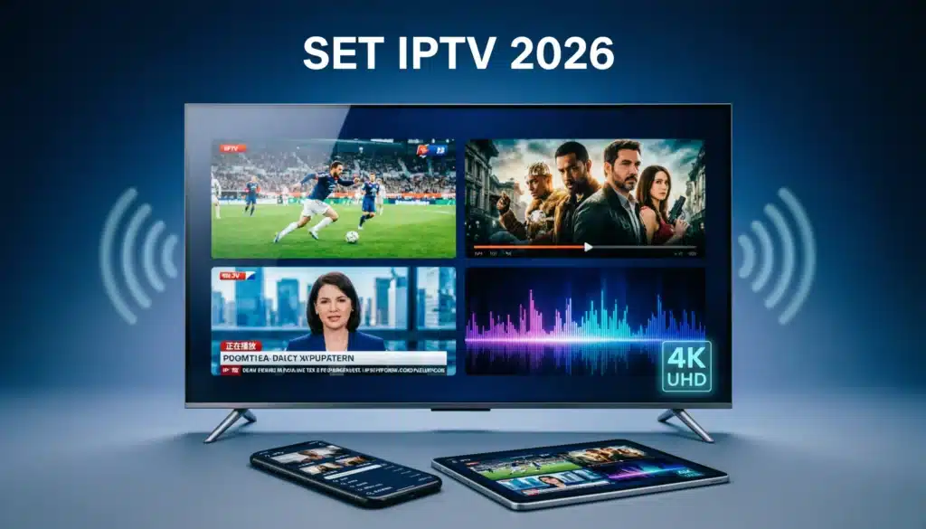 Set IPTV configuration 2026 sur Smart TV, smartphone et tablette avec interface multi-appareils 4K