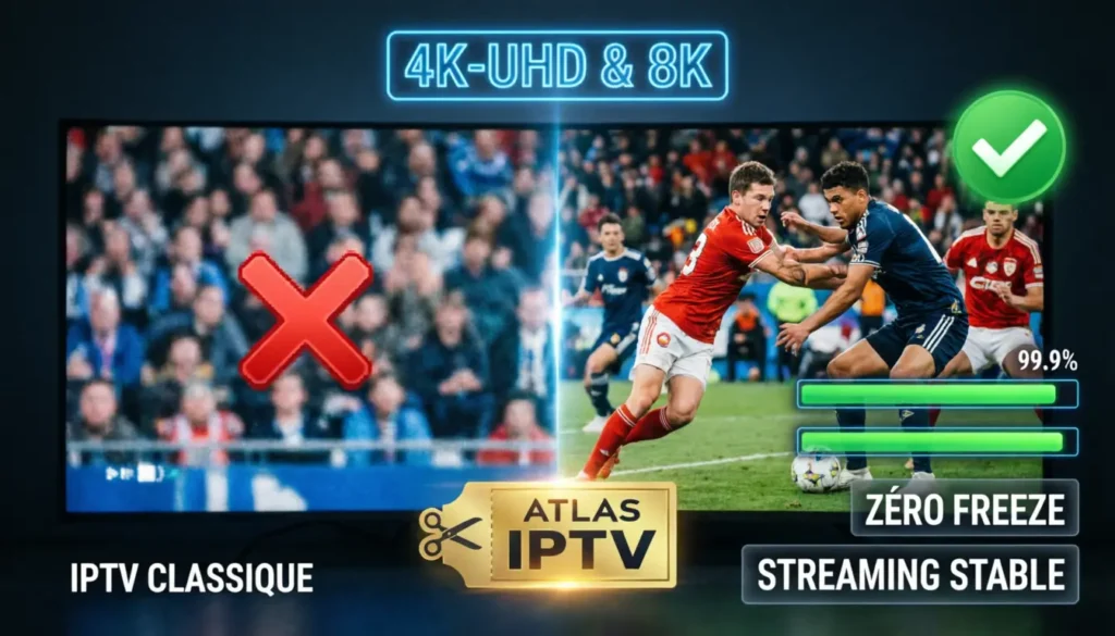 Test Atlas IPTV qualité 4K et 8K - Fonctionnalités Atlas IPTV streaming stable sans freeze 99,9%