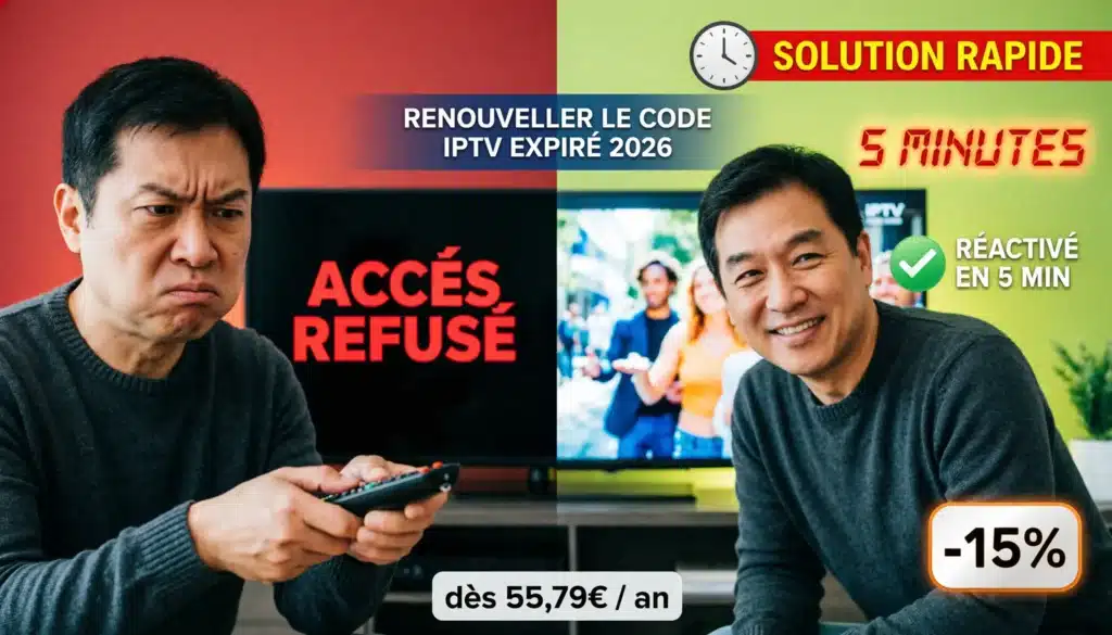 Renouveler code IPTV expiré en 5 minutes - Solution rapide code IPTV expiré accès restauré dès 55,79€