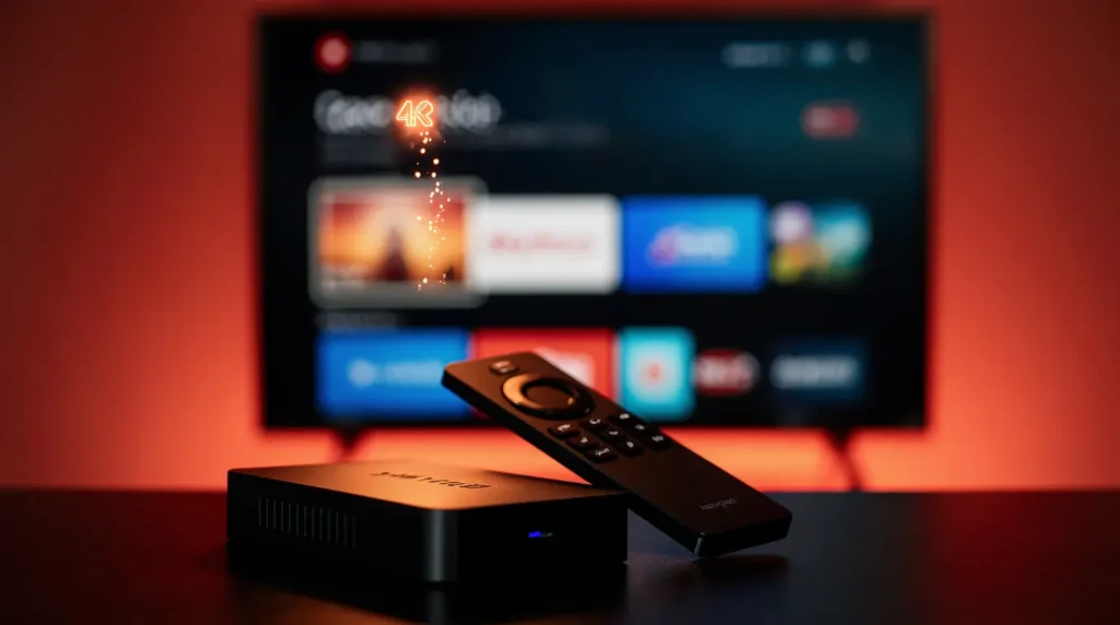 IPTV Fire Stick Amazon 4K Max avec télécommande pour installer un abonnement IPTV et accéder à des milliers de chaînes en 4K