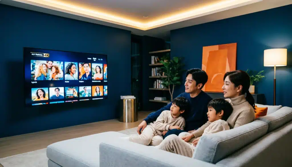 Meilleur abonnement IPTV 2026 – famille regardant la TV 4K en streaming