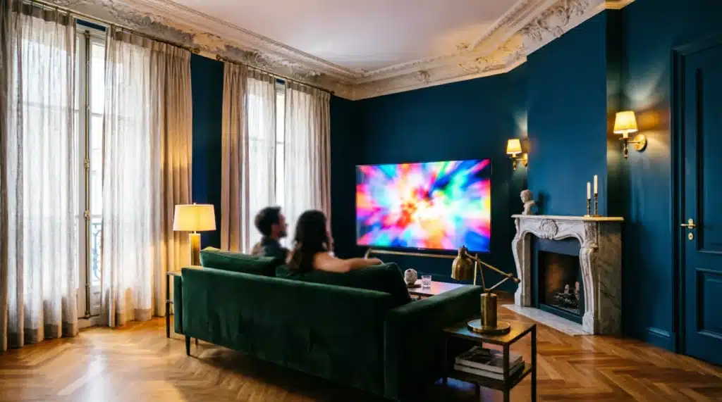 Premium IPTV TV 2026 – couple français profitant d'un abonnement IPTV premium en qualité 4K dans un salon moderne