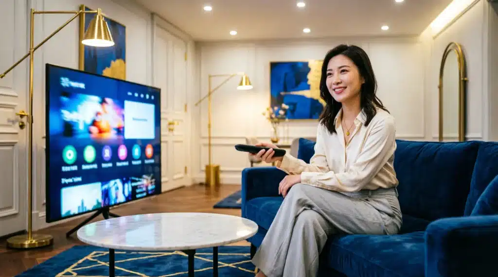 Test IPTV 2026 — femme française testant gratuitement un abonnement IPTV premium 4K sur smart TV dans son salon moderne