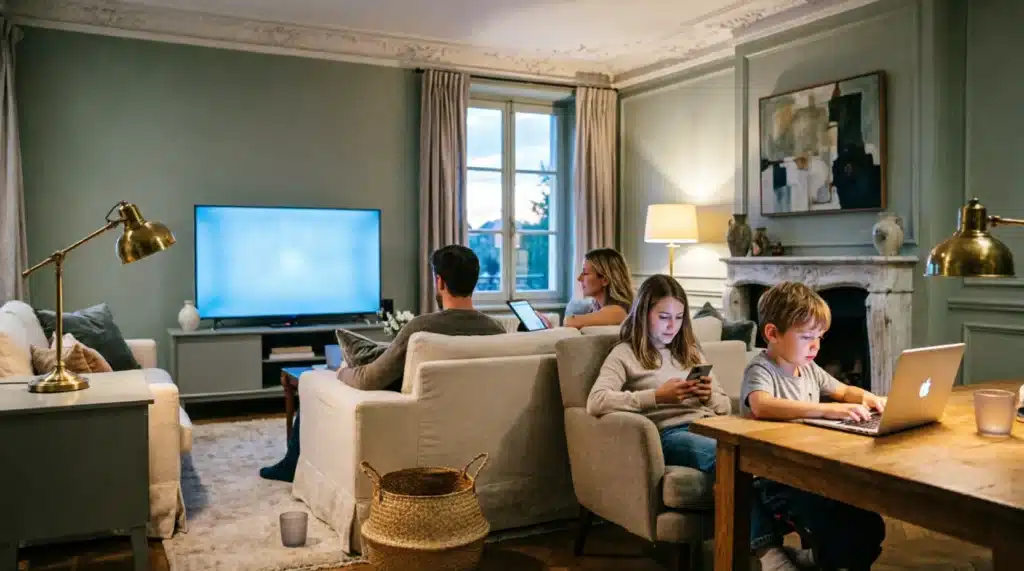 Test IPTV multi-écrans gratuit — toute la famille teste simultanément le service iptv dragon sur plusieurs appareils