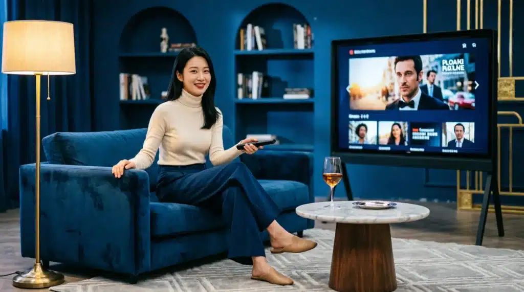 Test IPTV 2026 — femme française testant gratuitement un abonnement IPTV premium 4K sur smart TV dans son salon moderne