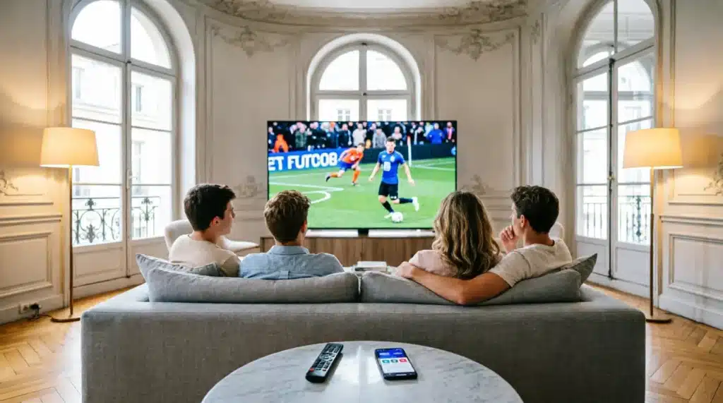 Famille française regardant les chaînes IPTV France en 4K sur grand écran OLED dans appartement parisien moderne