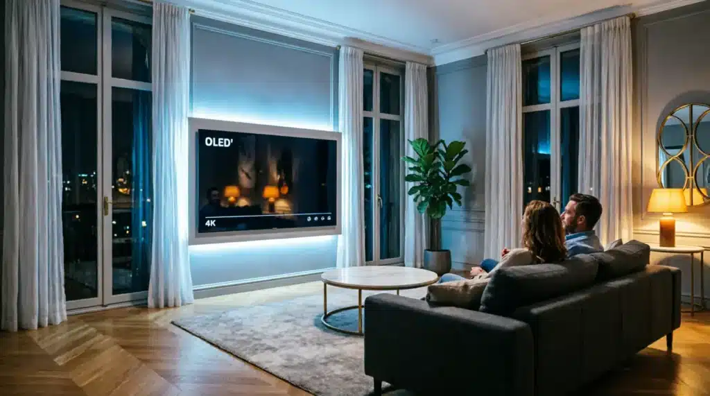 Couple regardant un abonnement IPTV 4K sur grand écran dans un salon moderne en France