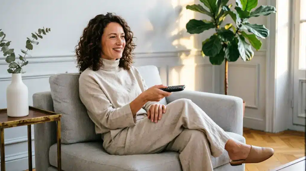 Femme satisfaite de son abonnement IPTV 4K Dragon IPTV, regardant sa Smart TV depuis son salon à Lyon