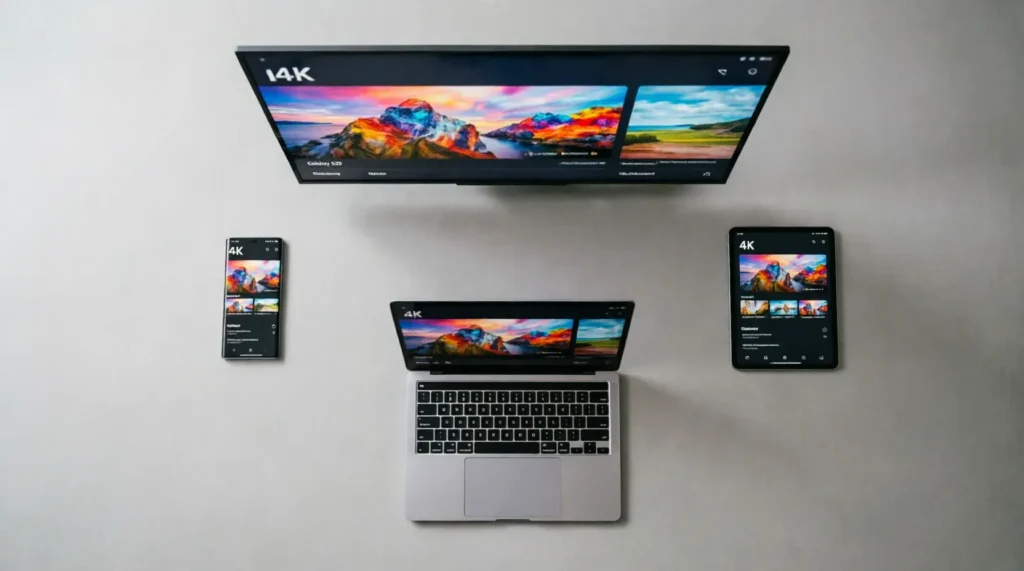 Professional product lifestyle photo showing four modern devices arranged symmetrically on a light grey surface: a large Smart TV (showing colorful 4K content), a Samsung Galaxy S24 smartphone, an iPad displaying the same content, and a laptop. All screens show identical streaming interface. Top-down flat-lay, studio lighting, very clean and minimal. No brand logos. Sharp focus, 8K, commercial photography quality.